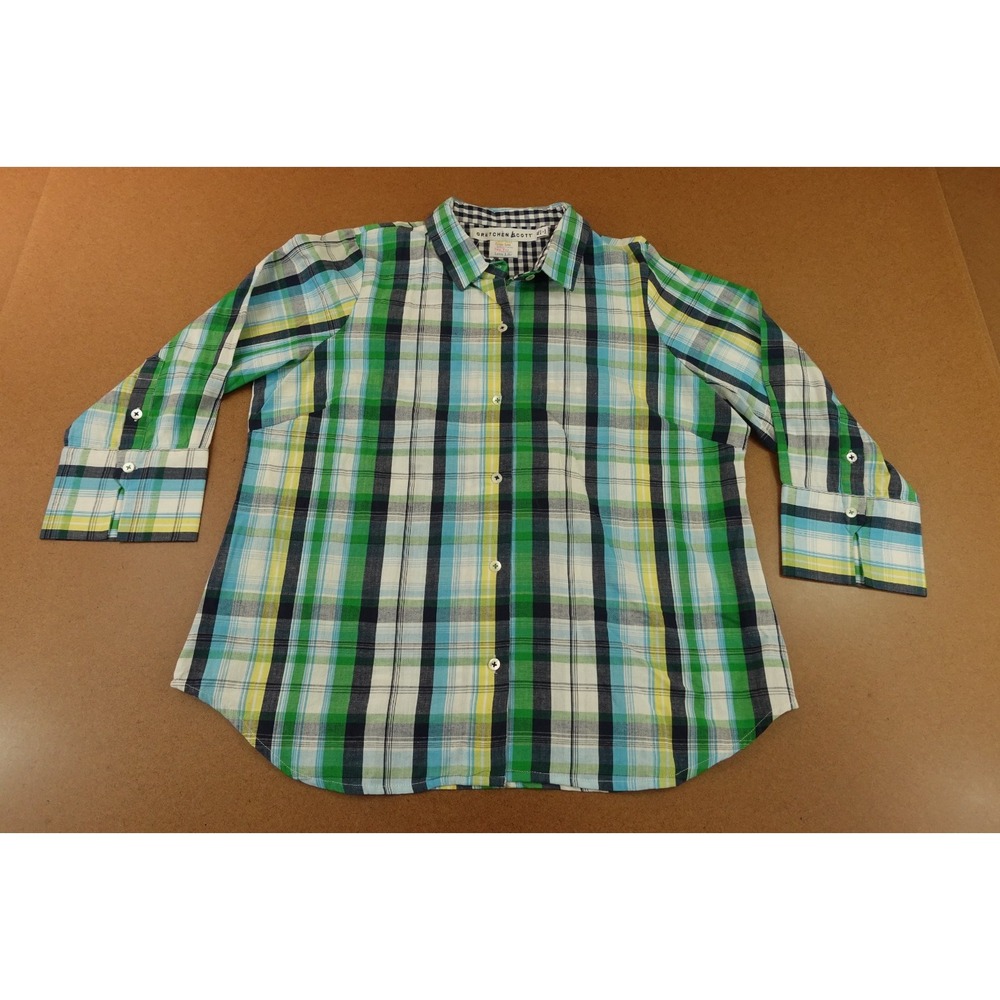 Gretchen Scott Womens XL Navy Green Picnic Time Boyfriend Button Up Shirt NWT